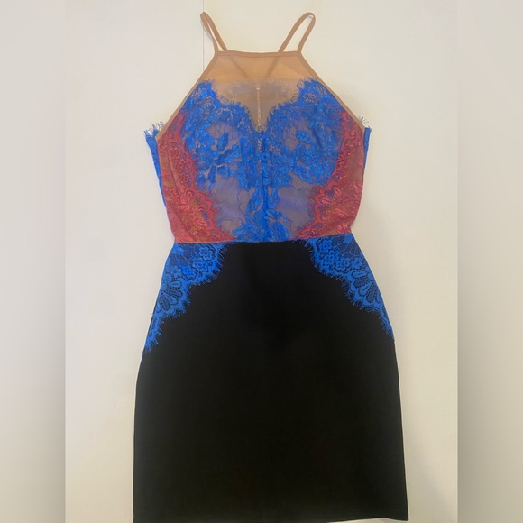 Topshop Blue and Pink Lace Backless Mini Dress Size 2 - Picture 3 of 7
